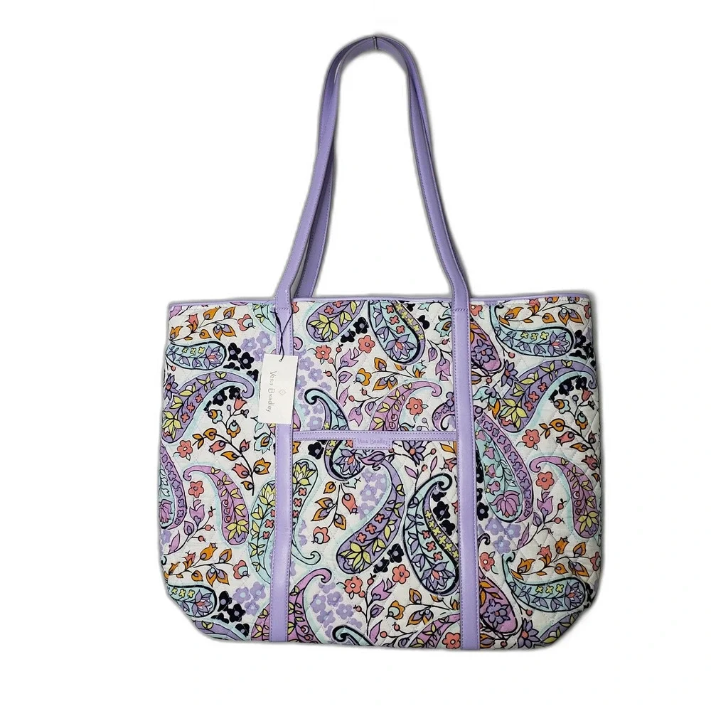 VERA BRADLEY Maddalena Paisley Soft Trimmed Vera Tote Bag White and Purple NEW